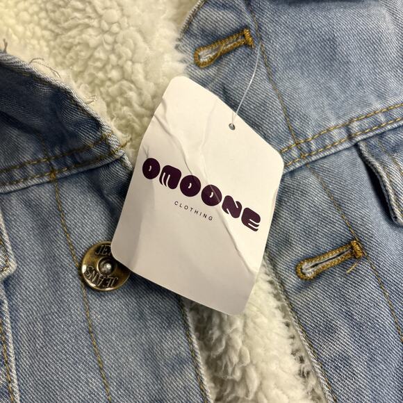 NWT Omoone Size Xsmall Sherpa Fleece White Lined Light Wash Denim Jacket - Picture 3 of 9